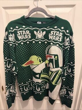 Star Wars Green & White Crewneck Sweater featuring Grogu and Mandalorian